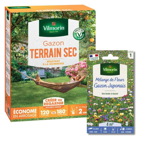 Terrain Sec - Gazon Terrain Sec - 3 kg + Gazon Japonais - 4 m² - Mélange de fleurs - face recto